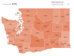 Map of access to dental care in Washington State for Medicaid enrollees ages 20 and under as indicated by use of at least one dental service